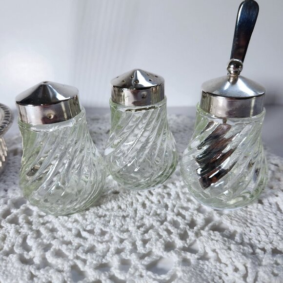 Glass Condiment Salt Pepper Sugar Set in Caddy Holder Glass Jars Sugar Scoop - Picture 12 of 14